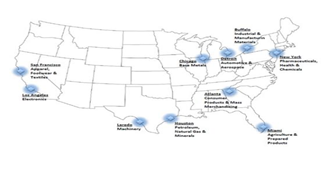 A map of the united states with locations marked.